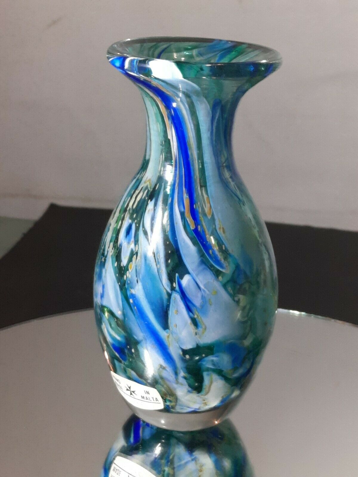 Phoenician Hand Made 5" Crystal Vase Malta Made & Signed/labeled Shades Of Blue