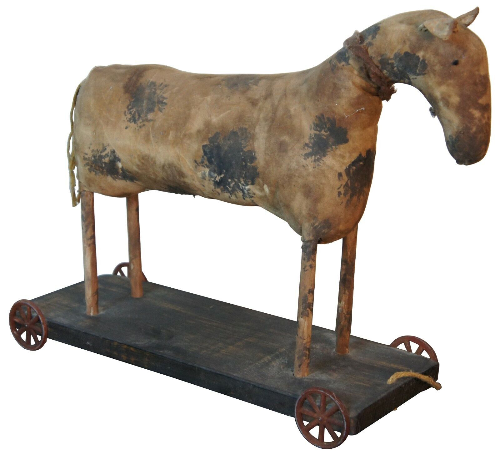 Antique Primitive Americana Folk Art Stuffed Horse Pull Toy Platform Cart 16"