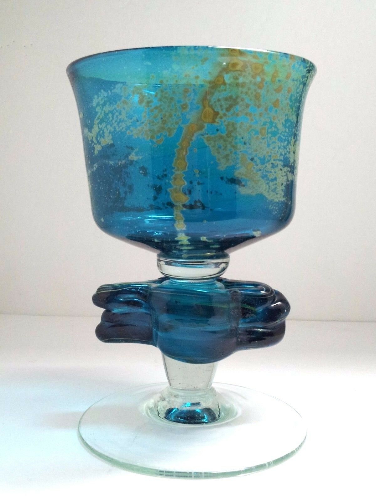 1970's Vintage Mdina Signed Glass Chalice Large Goblet Blown Art Maltese Blue