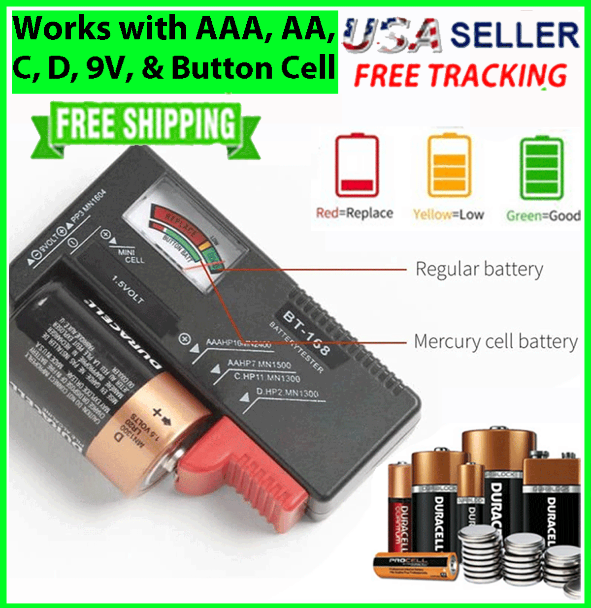 Battery Tester Checker Universal For Aa Aaa C D 9v 1.5v Button Cell Batteries Us