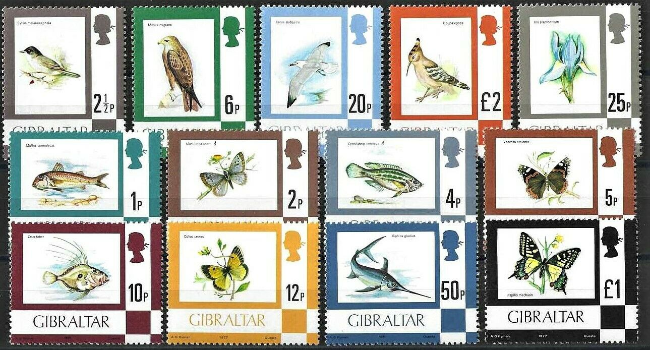 1977 "gibraltar" Butterflies, Birds, Fish, Definitives 13 Values Vf/mnh! Look!