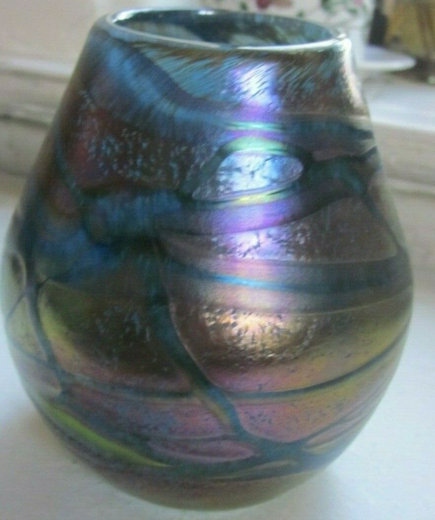 Vintage Mtarfa Glass Blowers 70's Iridescent Signed Sea Glass Vase Maltese