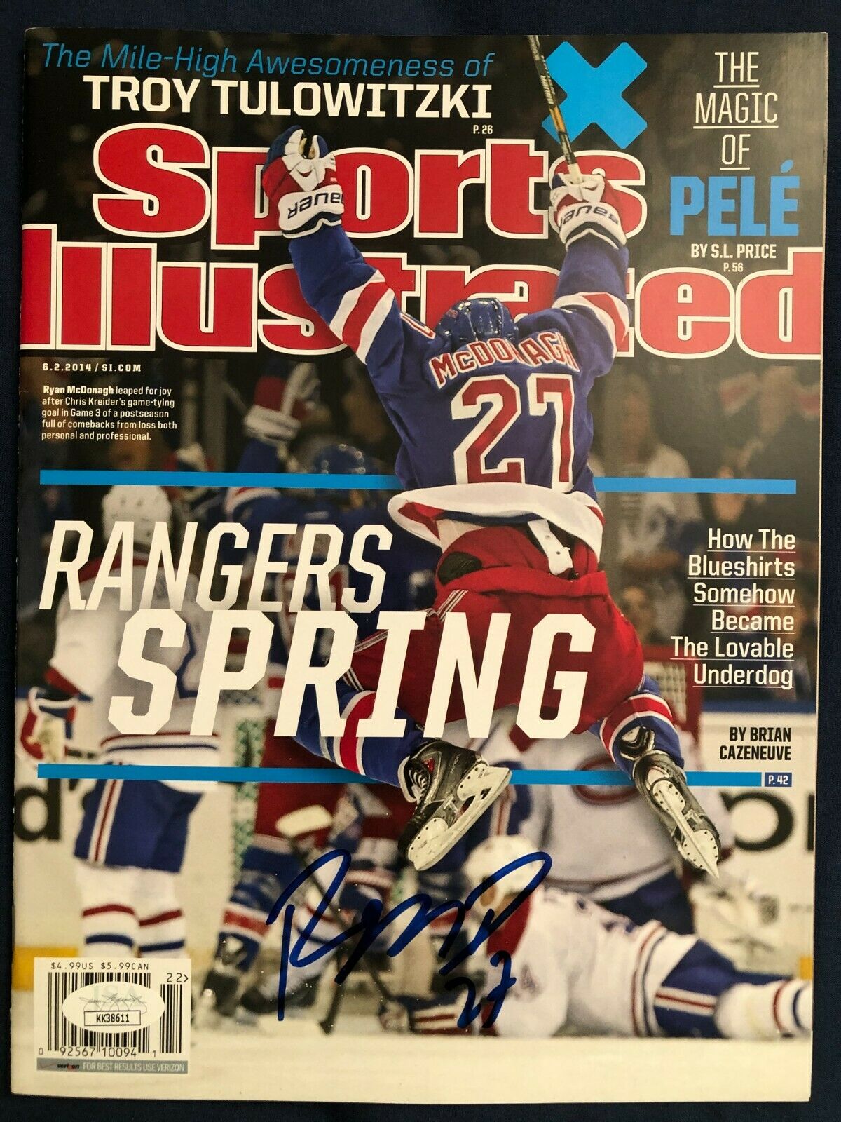 2014 Jun Sports Illustrated Ryan Mcdonagh Signed Autograph New York Rangers Jsa