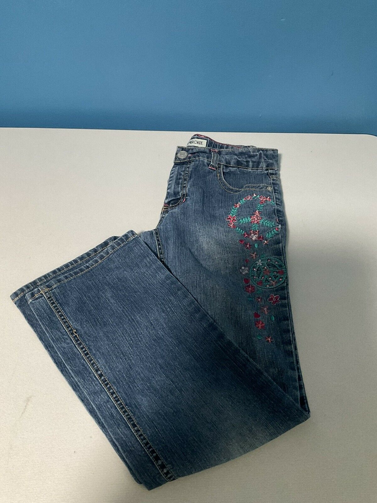 Cherokee Girls Denim Bluejeans Size 14 Embroidered Peace Symbol