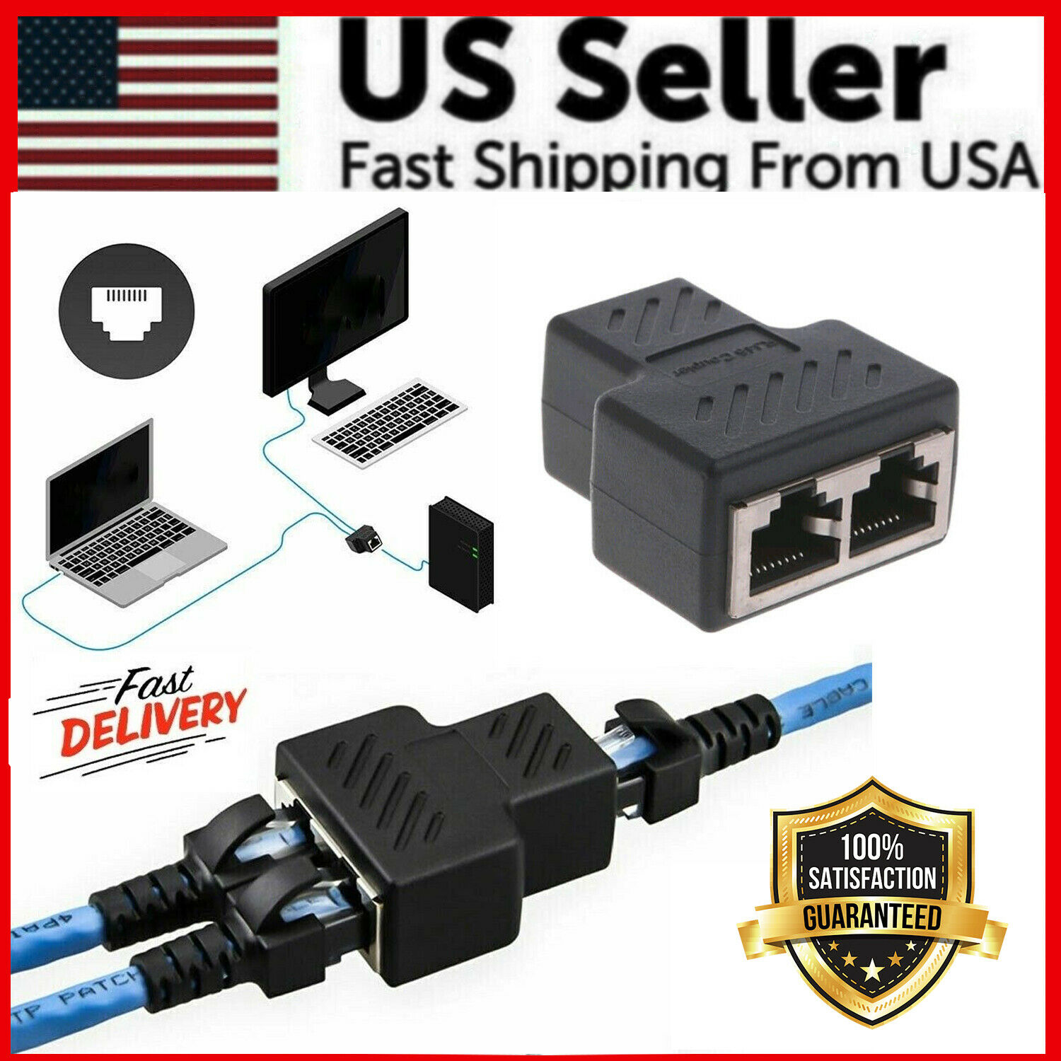 Rj45 Splitter Adapter 1 To 2 Ways Dual Female Port Cat5/6/7 Lan Ethernet Cable