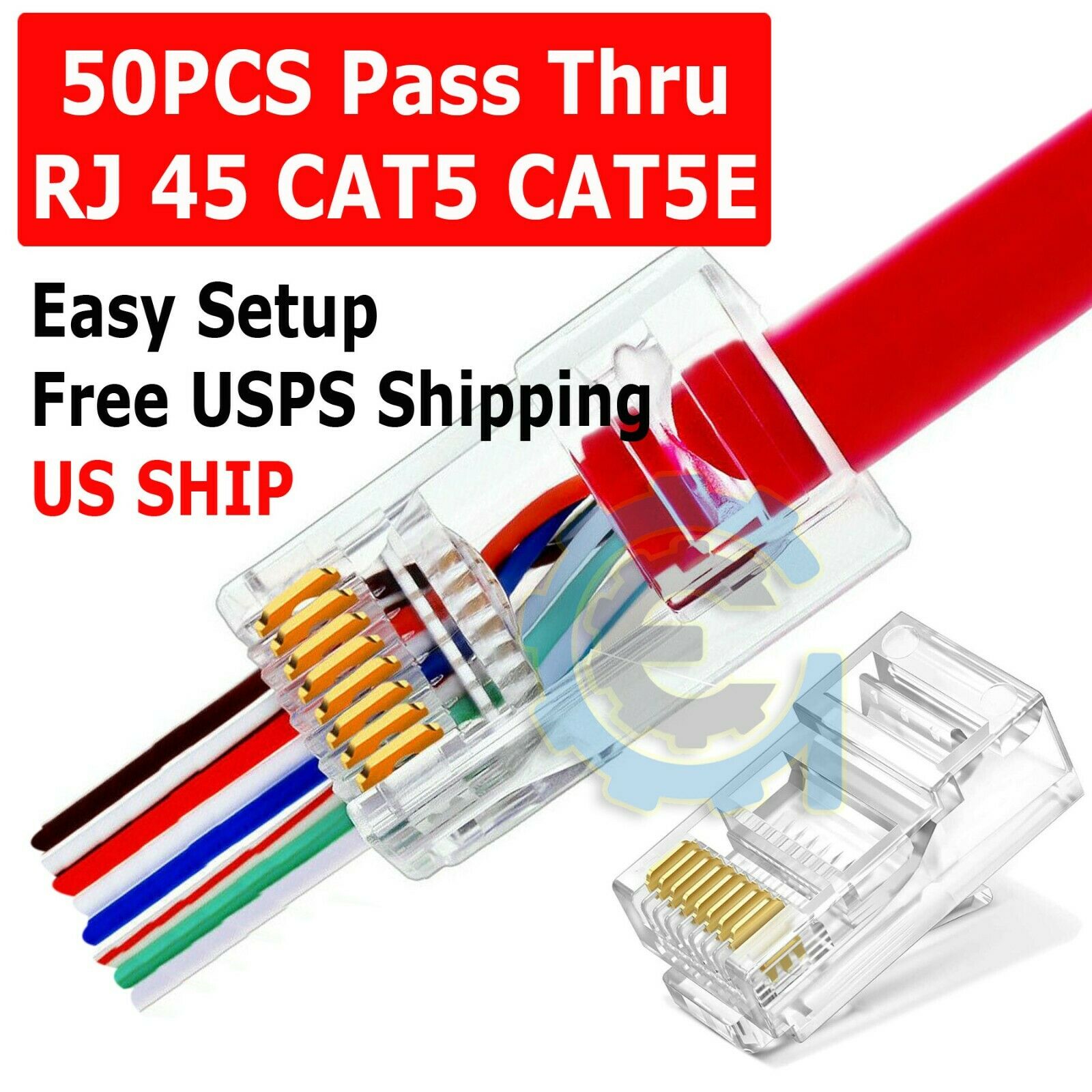 50pcs Rj45 Network Modular Plug 8p8c Cat5e Cable Connector End Pass Through