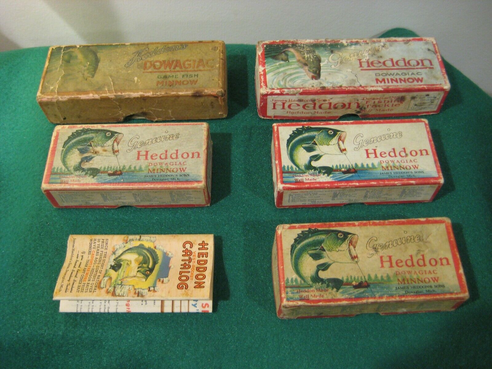 Five (5) Vintage Heddon Boxes (1911 To 1932)  Down & Leaping Bass