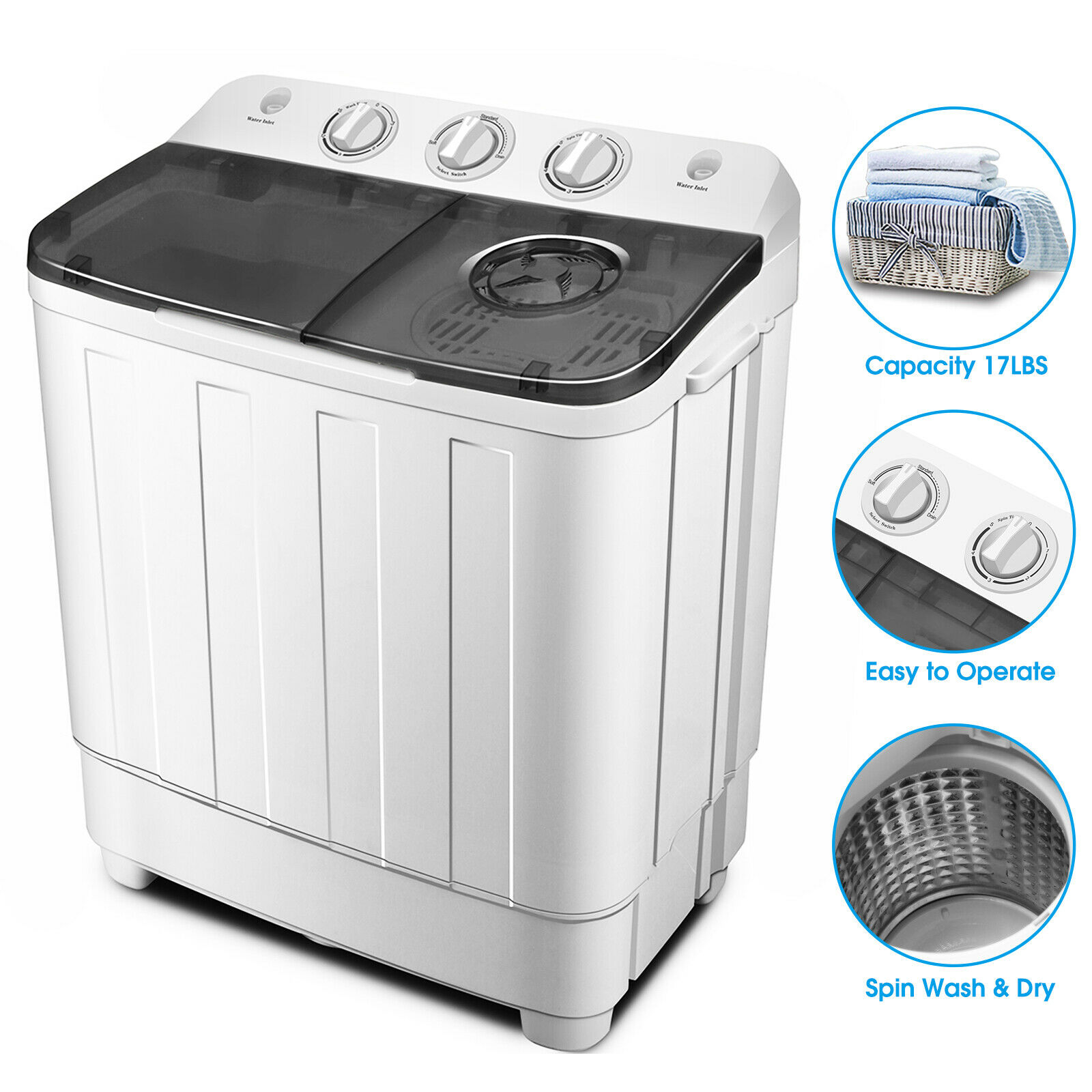 Portable 17lbs Mini Washing Machine Twin Tub Top Load Compact Washer Spin/dryer
