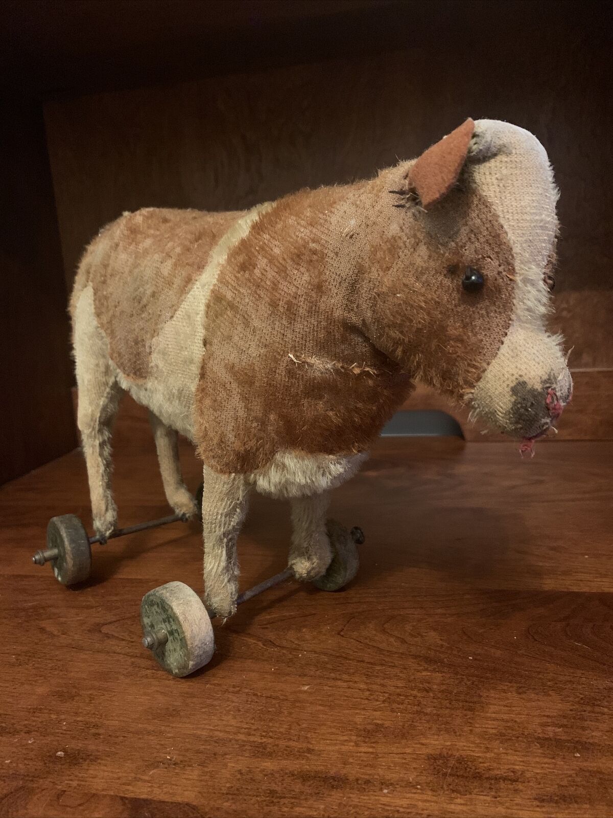 Antique Cow 12"  Straw Stuffed Brown Mohair Pull Toy On Wood Wheels