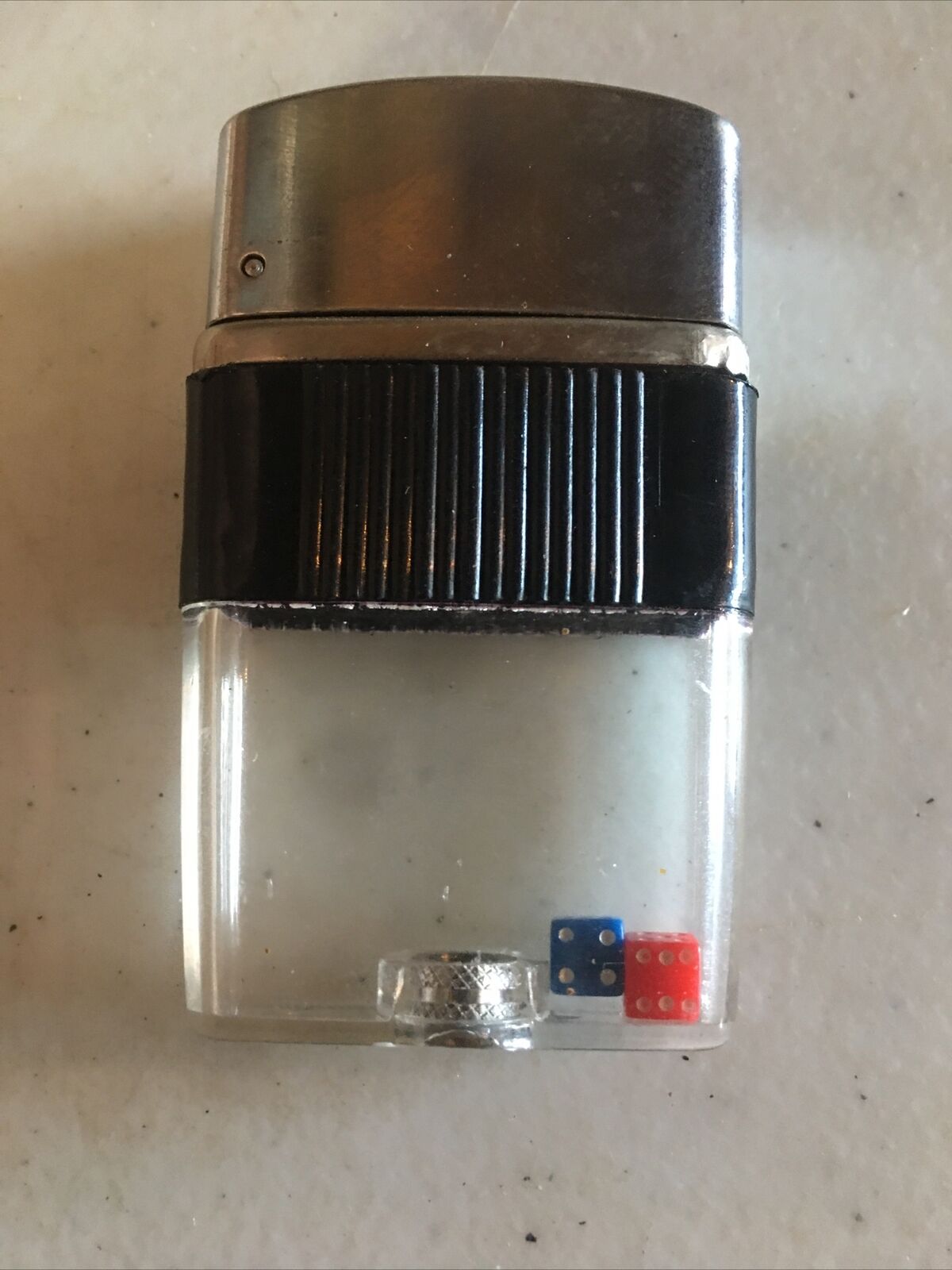 Vintage 1960s Cigarette Lighter Floating Red Blue Dice Silver Black Band