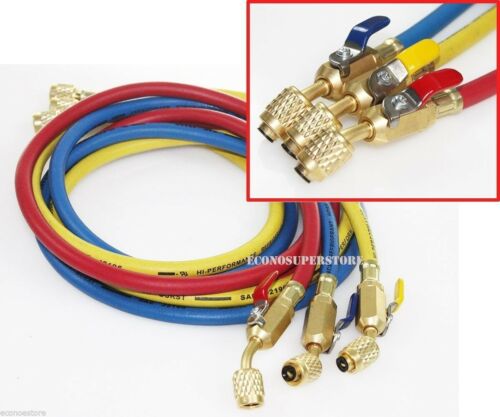 R134a R410a R22 3 Color 5ft Hvac Ac Charging Hoses 1/4" Fitting W/ Ball Valves