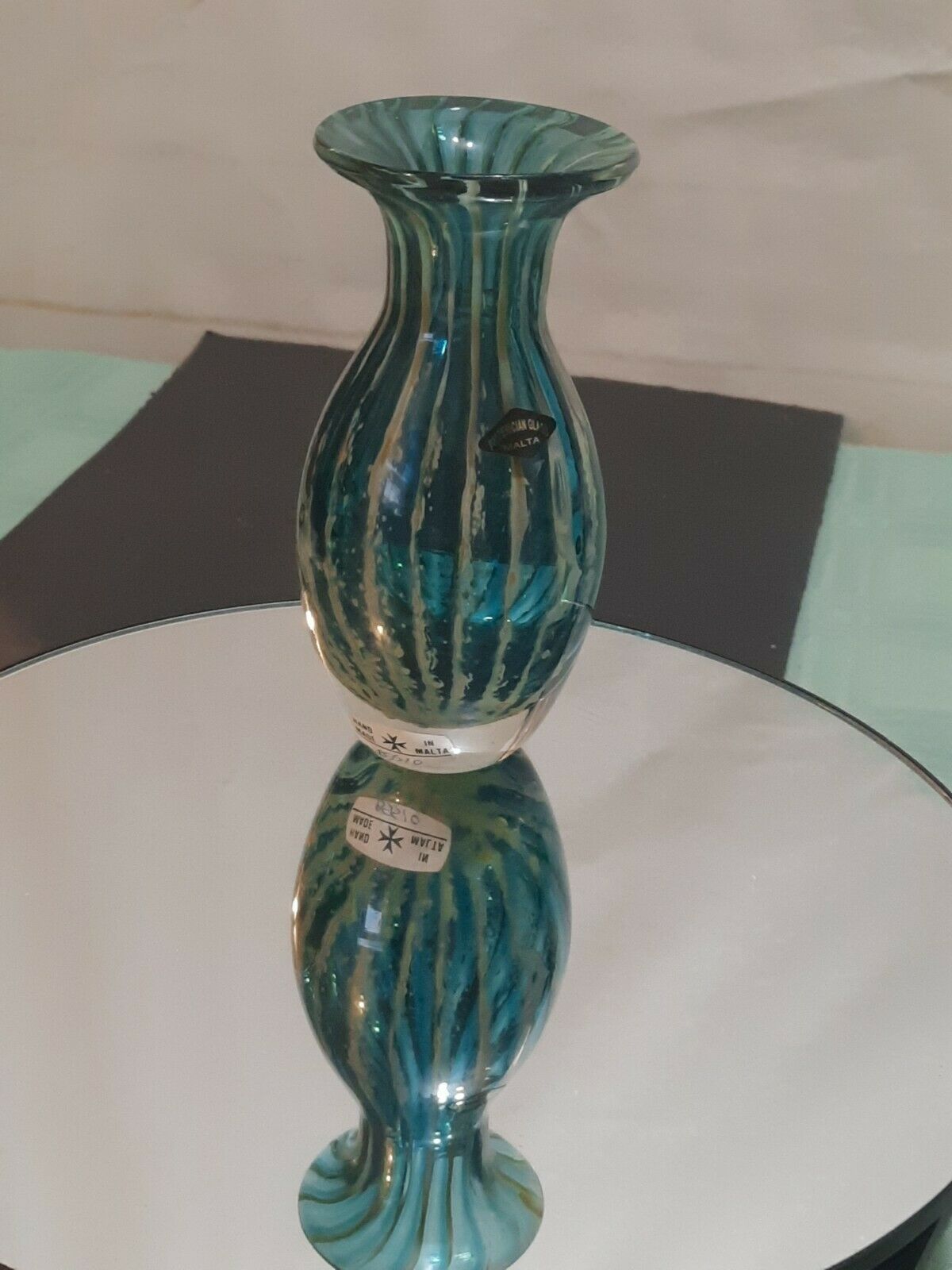 Phoenician Hand Made 5" Crystal Vase Malta Made & Signed/labeled Teal W/brown