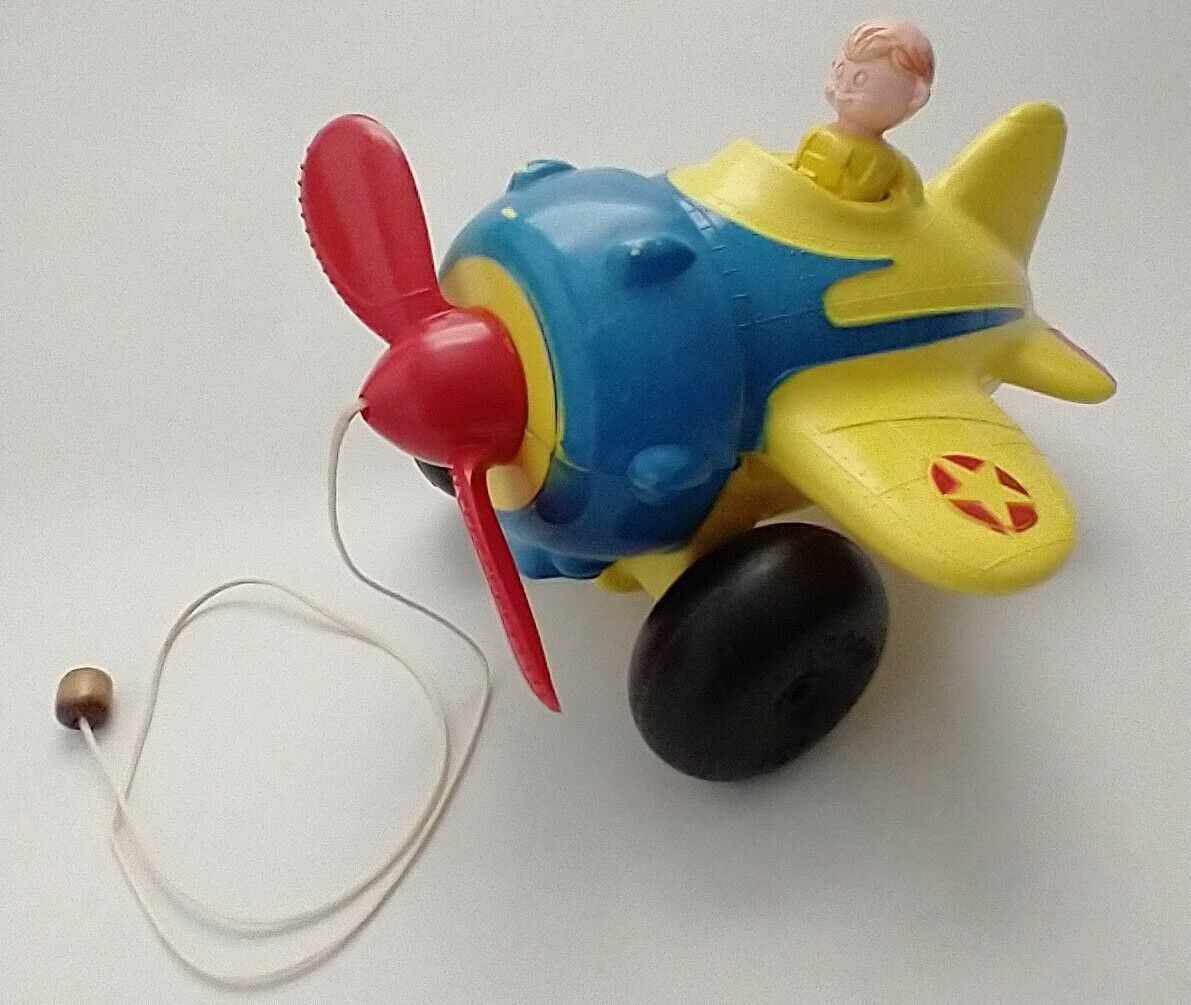Vintage 1960's Mascon Toy Plastic String Pull Behind Airplane Blue Yellow Pilot