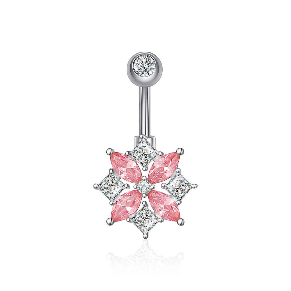 1 Pc  Pink Petals Flower Belly Ring Bling Naval Body Piercings Jewelry Cz