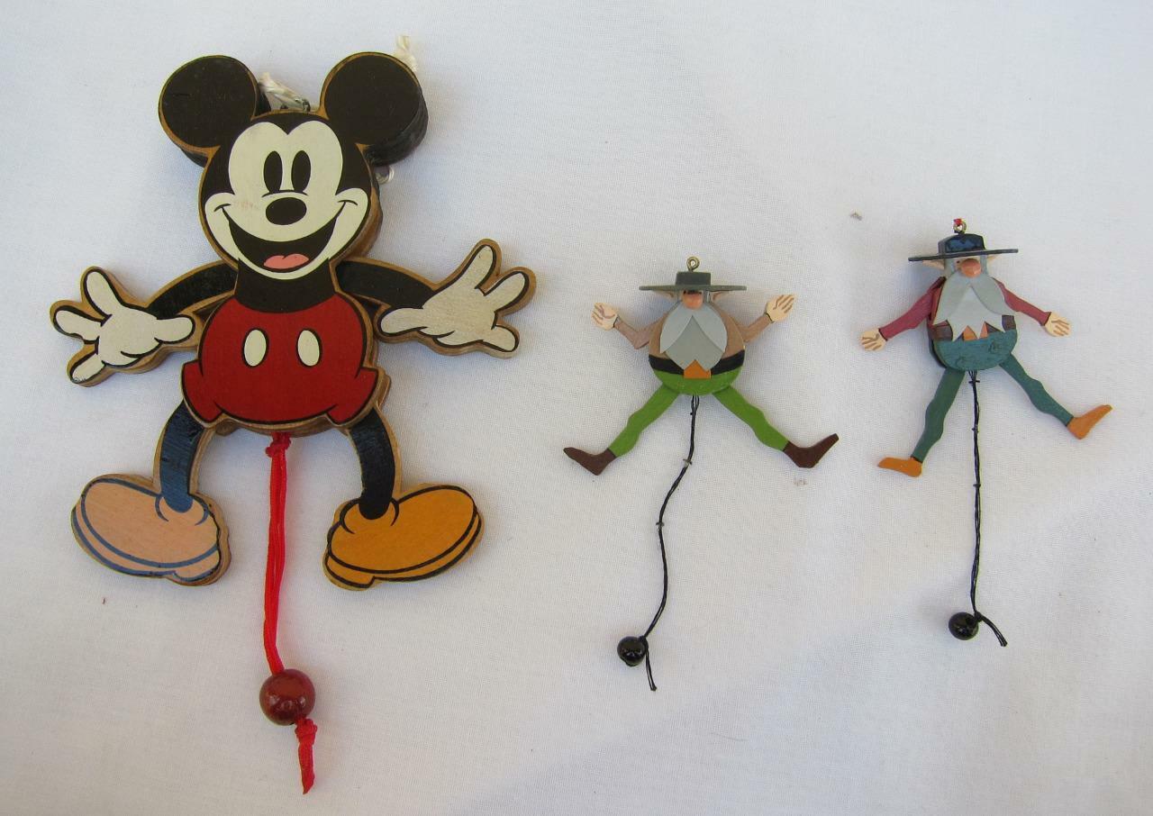 Mickey Mouse Disney & 2 Ooak Mini Old Timer Wood Jumping Jack Pull String Toy