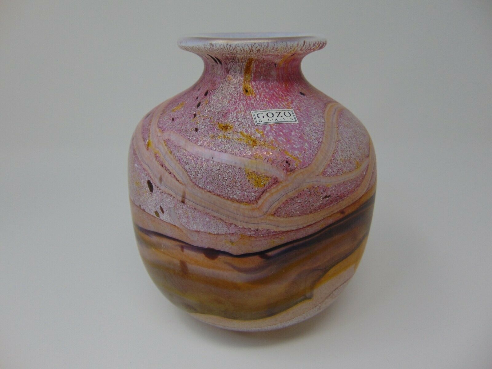 Gozo Art Glass Vase Iridescent Swirls 5.5" Pink Yellow Made In Malta