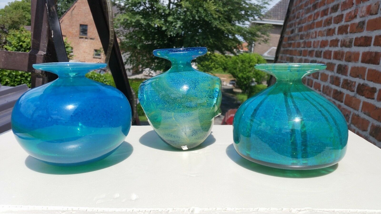 Set Of 3 Large Mid Century Vintage Mdina Art Glass Vases Blue Artist Signed