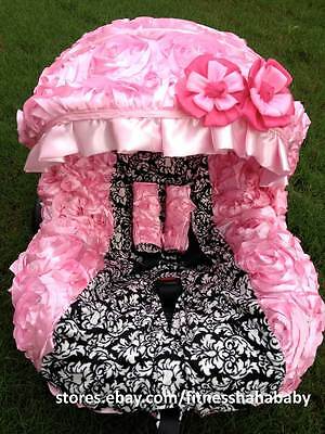 Infant Car Seat Cover Canopy Cover Set Fit Most Seat Damask White Black Pink