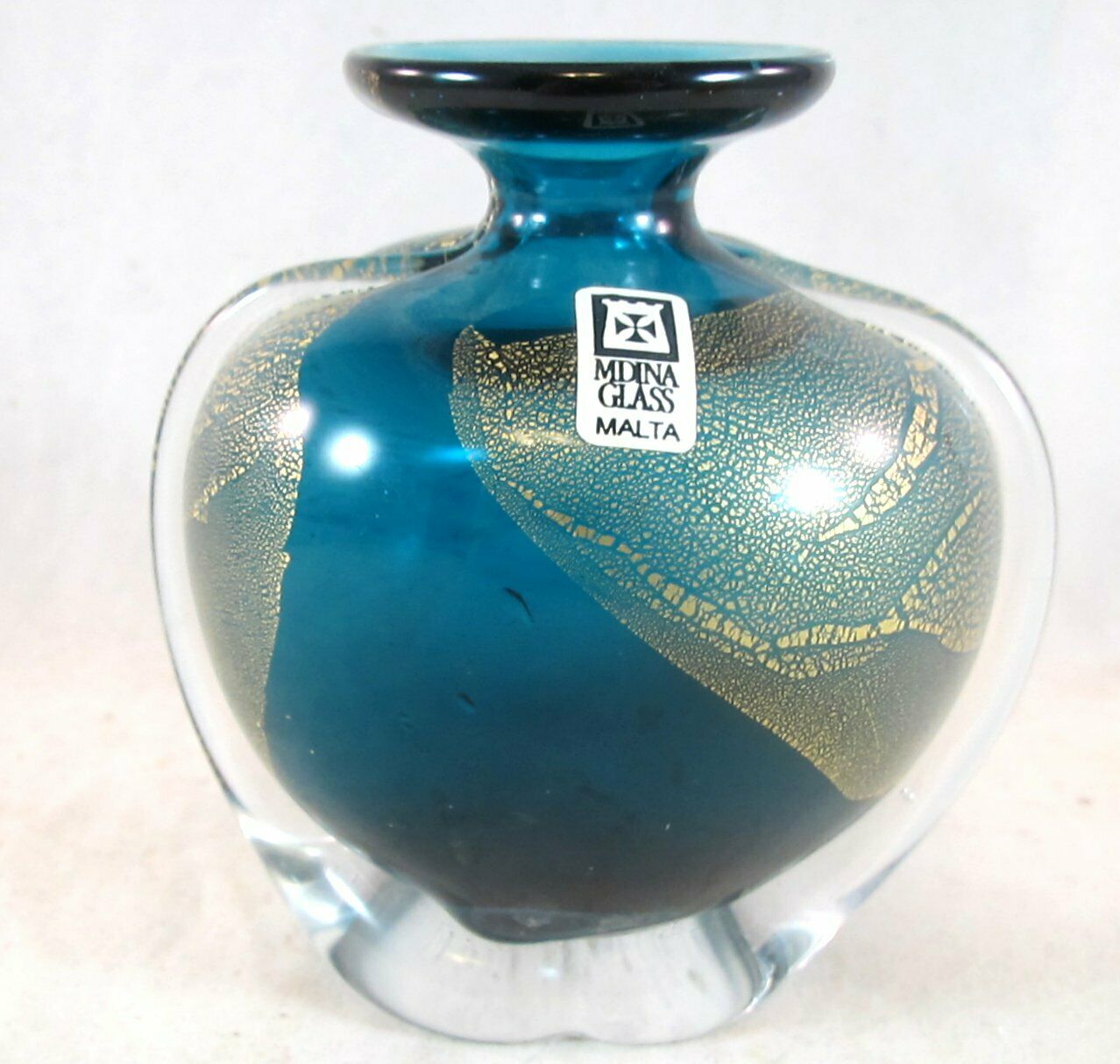 Signed Mdina Maltese Blue & Gold Vintage Glass 'side Stripe' Vase