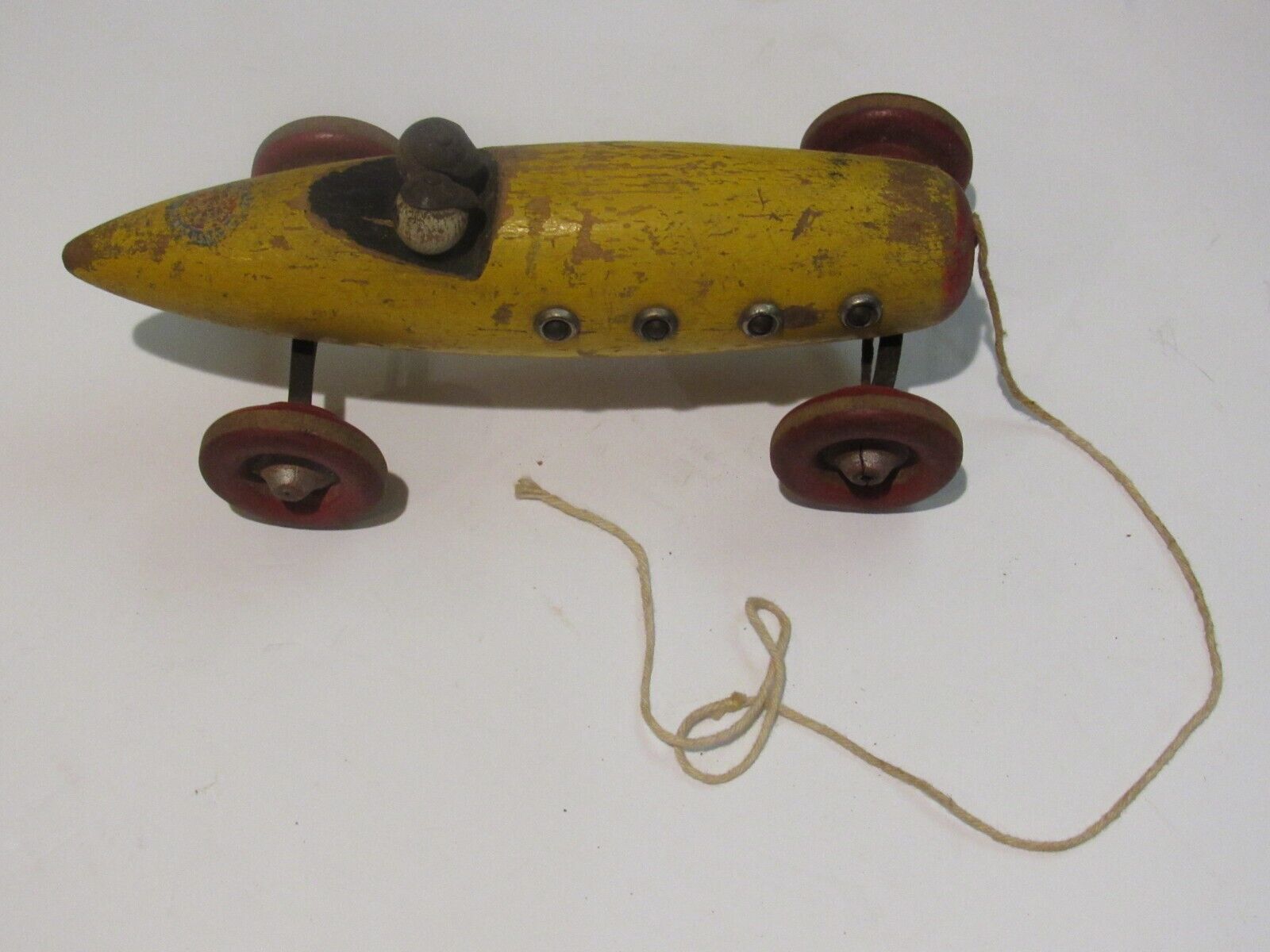 Vintage 1920-30's Wood Race Car Pull Toy Dual Driver V8 Bullet Hot Rod Racer