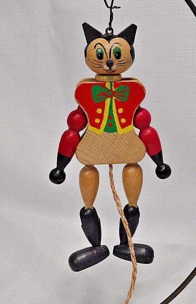 Vintage Wooden Cat Jumping Jack Toy / Ornament Pull String Made In Austria