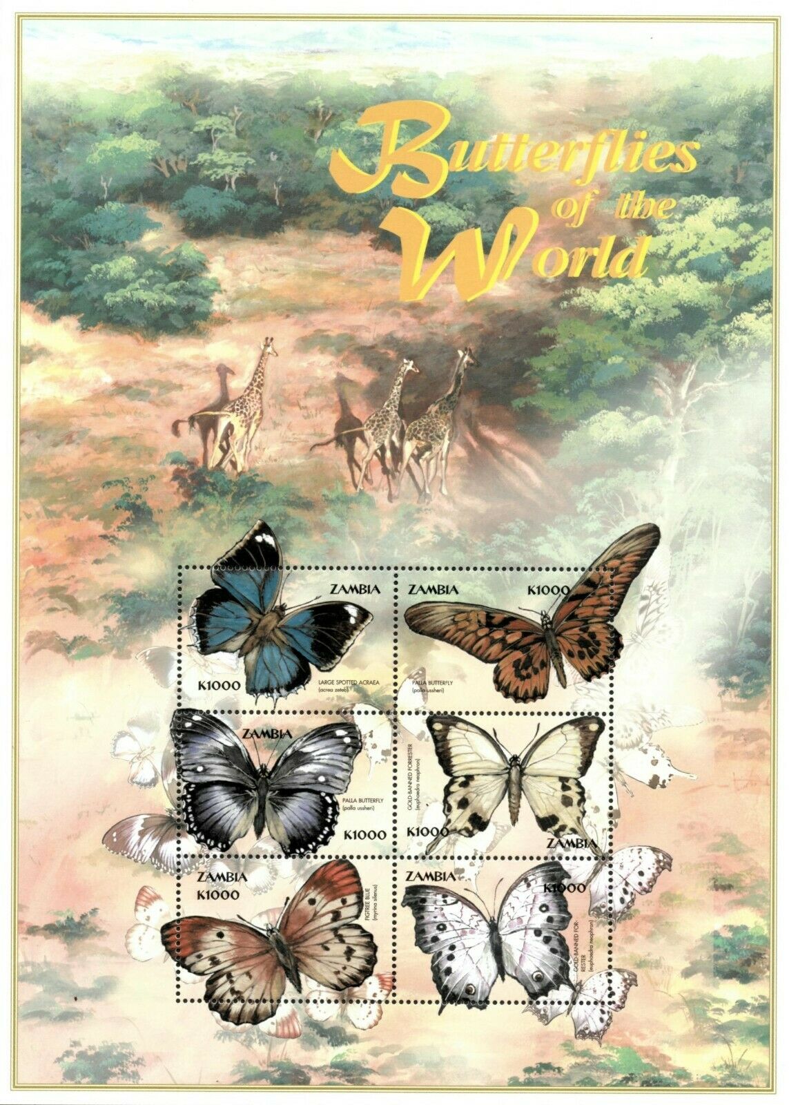 Zambia 2000 - Butterflies Of The World - Sheet Of 6 - Scott 864 - Mnh