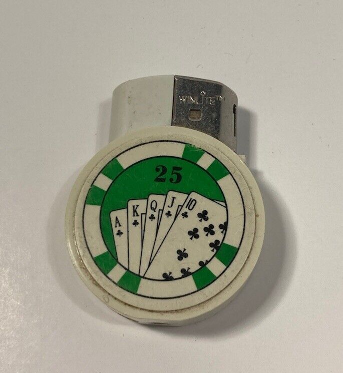 Vintage Plastic Winlite Lighter- White W/green Poker Chip Cover- Good
