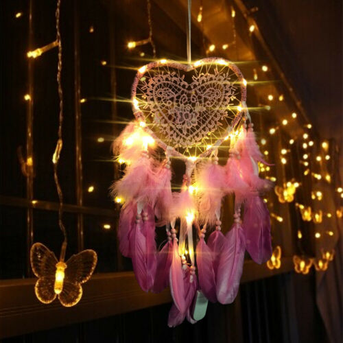 Led Light Love Heart Dream Catcher Feathers Car Home Hanging Decor Gift Pink