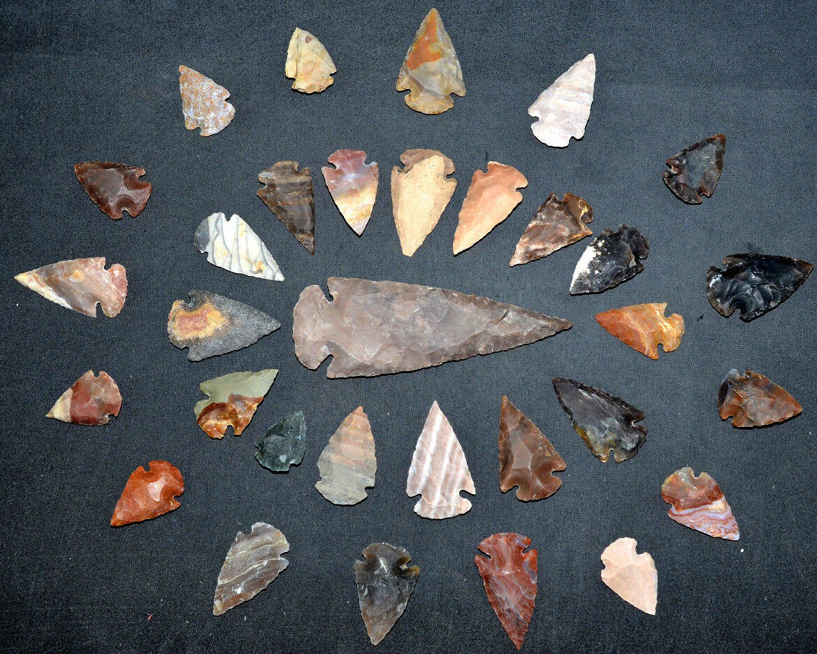 *** 32 Pc Lot Flint Arrowhead Oh Collection Project Spear Points Knife Blade ***