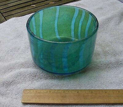 Vintage Mdina Malta Art Glass Deep Bowl-5.25 Inches-blue W/green Stripes-nr