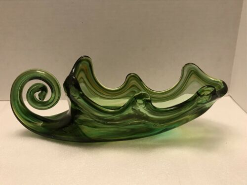 14.5" Vintage Sooner Usa Hand Blown Green Art Glass Leaf Sleigh Candy Dish Bowl
