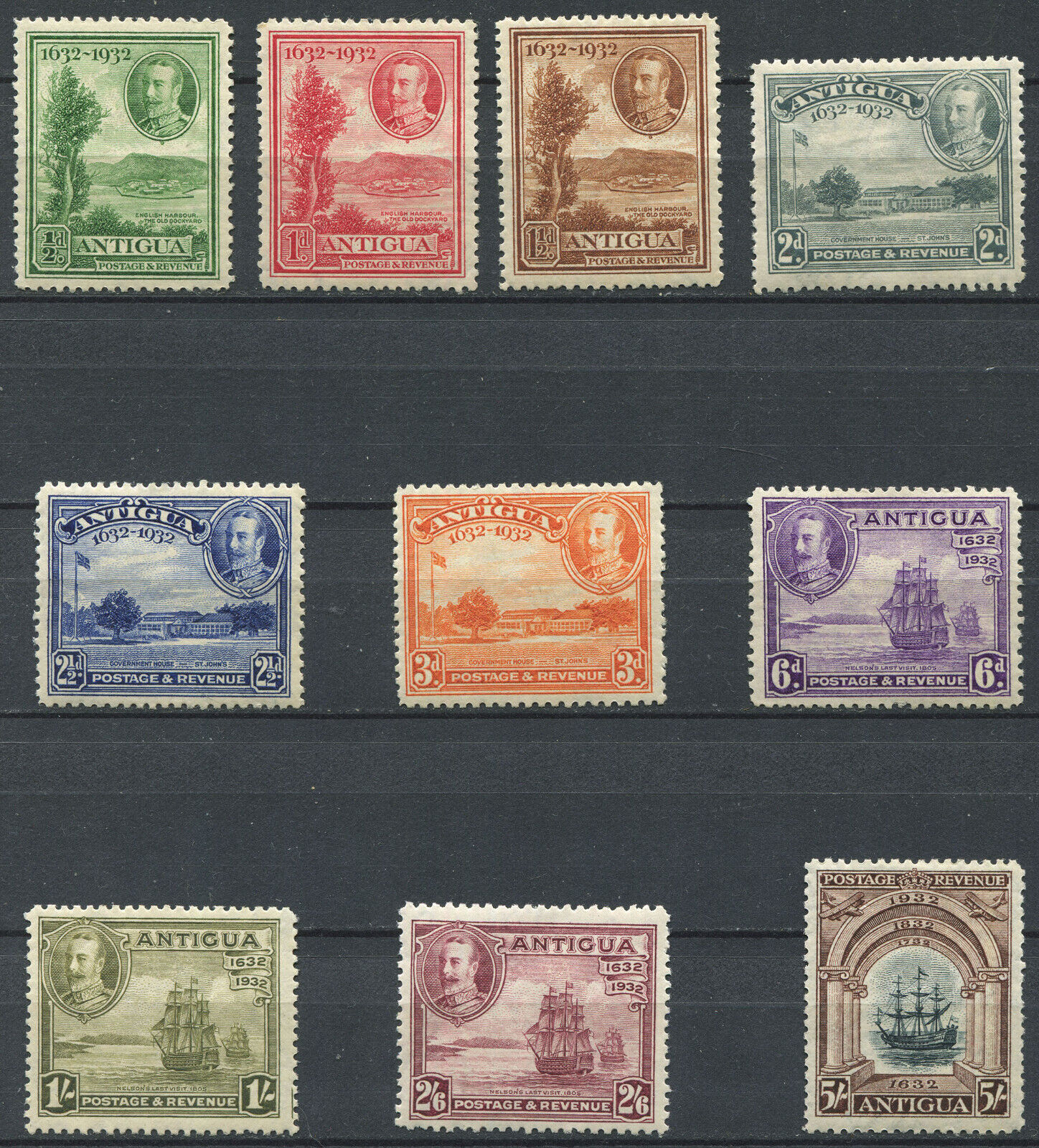 Antigua 1932 Tercentenary Set To 5s Sg# 81-90 Mint Hinged Mh Lh Very Fine