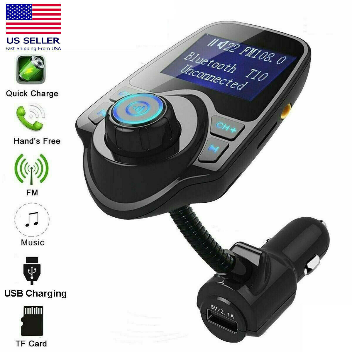 Bluetooth Car Fm Transmitter Mp3 Player Radio Adapter Kit Usb Charger 2 Outlets
