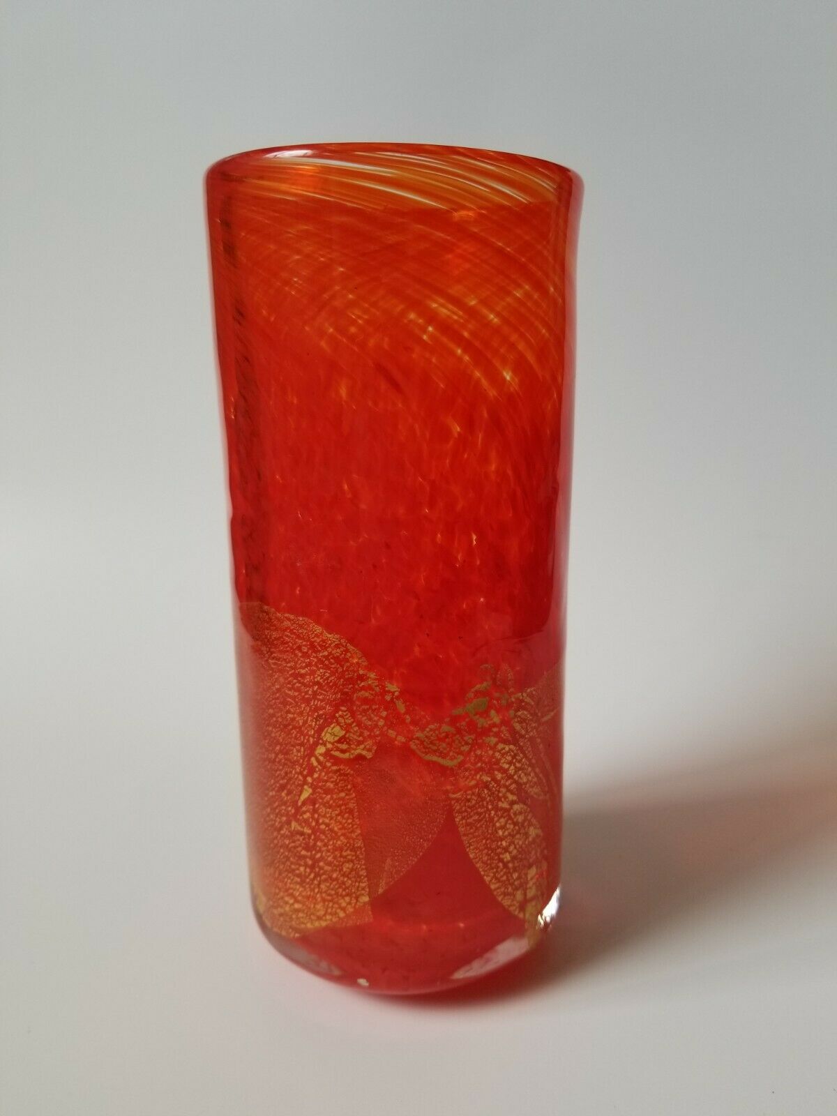 Gozo Art Glass Pop Art Cylinder Vase Coral Red Swirl Gold Leaf Maltese Signed