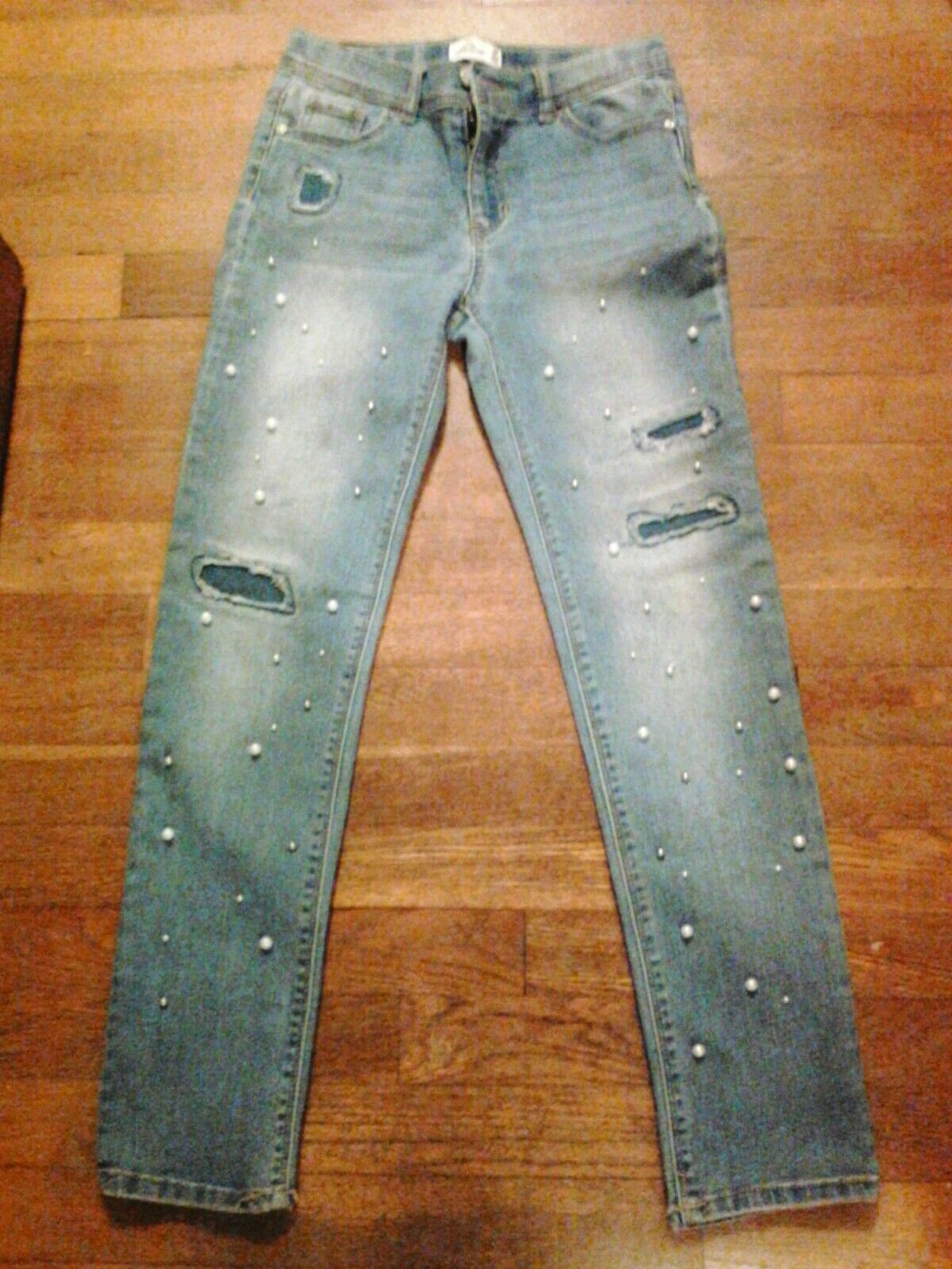 Pair Of Jordache Girl's Jeans, Size 14, Beaded Pearls On Legs
