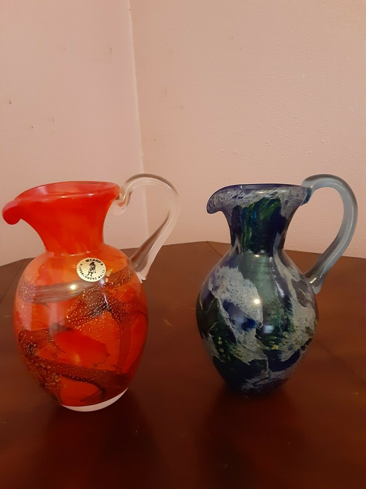 2 Vintage Mtarfa Handblown Glaa Pitcher/vase Made In Malta