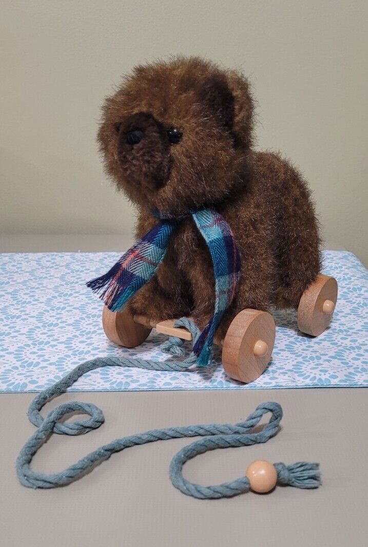 Vintage 1986 Applause Plush Teddy Bear On Wooden Wheels Pull Toy  Brown