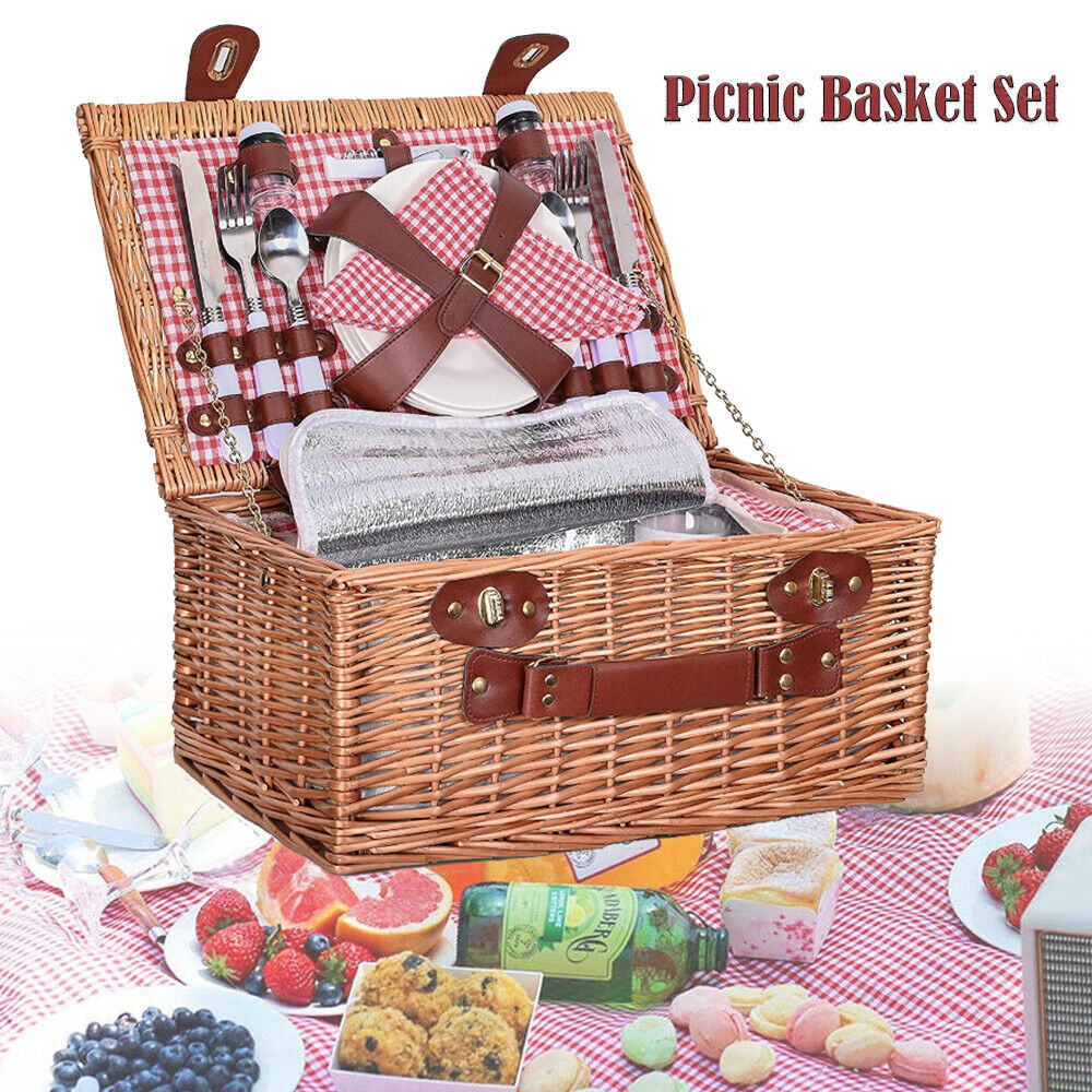 Vintage Picnic Basket Set For 4 Person Willow Hamper Folding Picnic Blanket Red