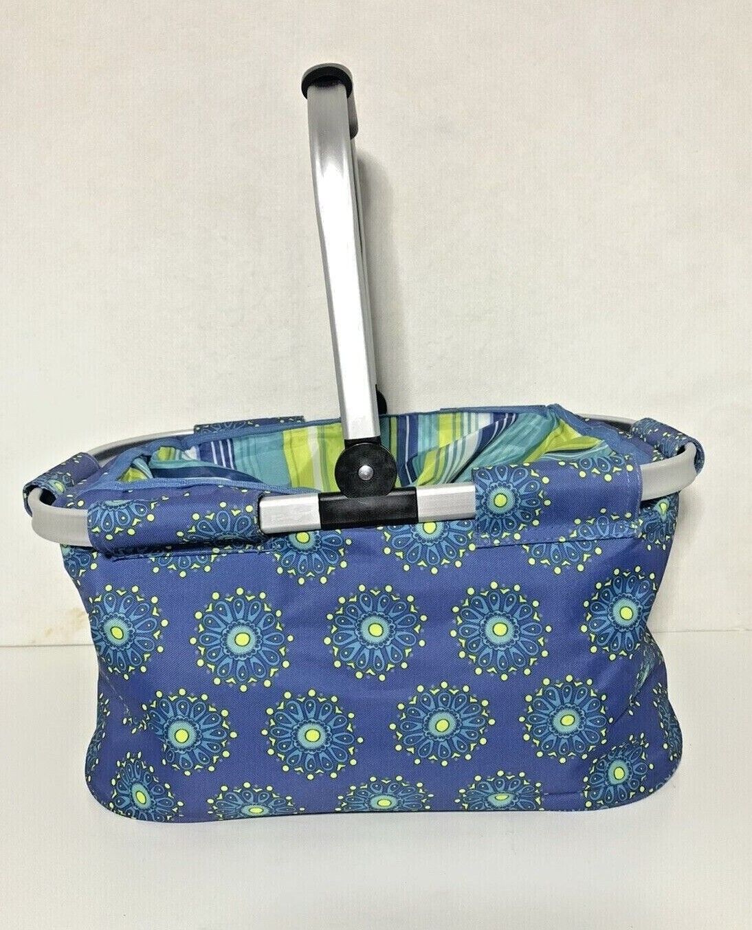 Cynthia Rowley Insulated Collapsible Picnic Basket Blue Green Paisley & Stripe
