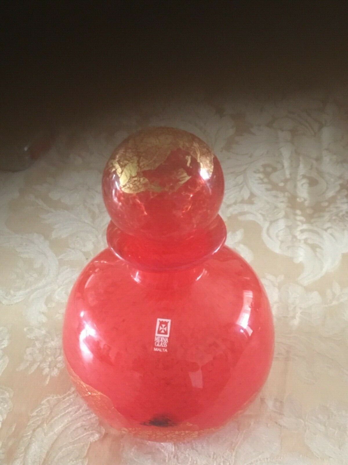 Rare Red & Gold Fleck Mdina Malta Art Glass Bottle & Stopper Signed & Dated 03