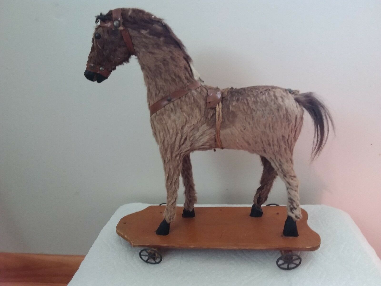 Horse Pull Toy, German , Wooden Base W/all 4 Wheels, Fur, Horse Hair Mane & Tail