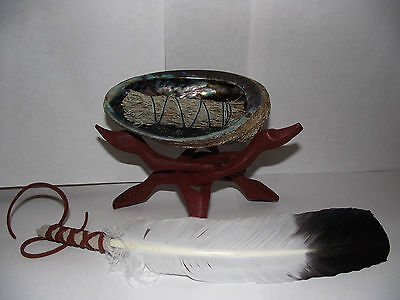 Sage Smudge Kit Shaman Abalone Shell Stand Feather Fan Smudging Remove Spirit