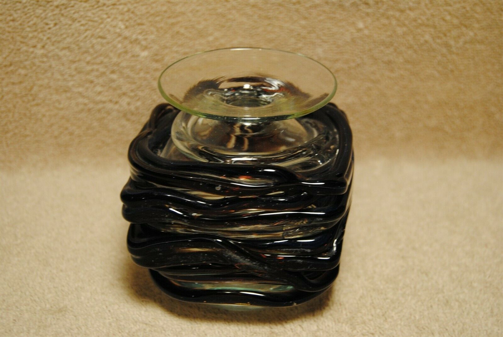 Vintage Mdina Glass Vase Square With Wrapped Overlay Deep Purple & Blue